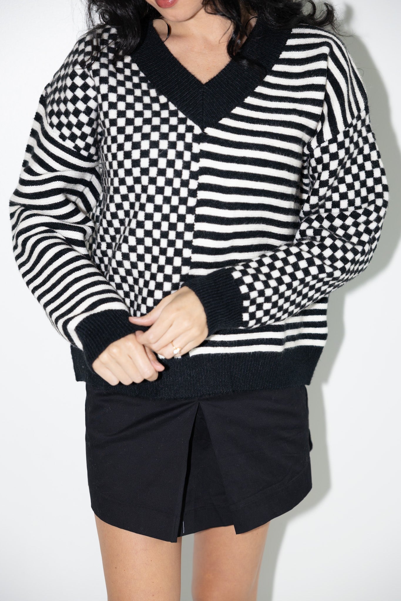 Graphic Checkered & Striped V-Neck Sweater