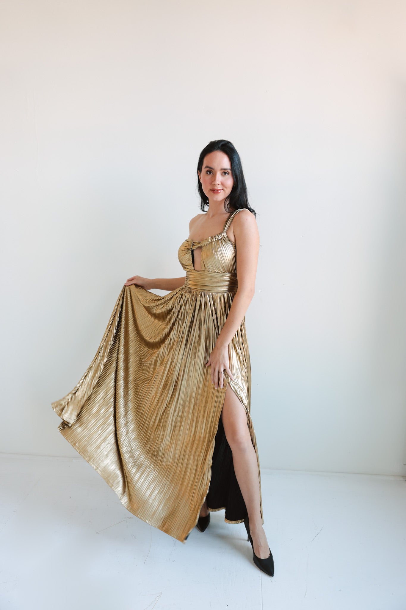 Metallic Gold Pleated Maxi Dress