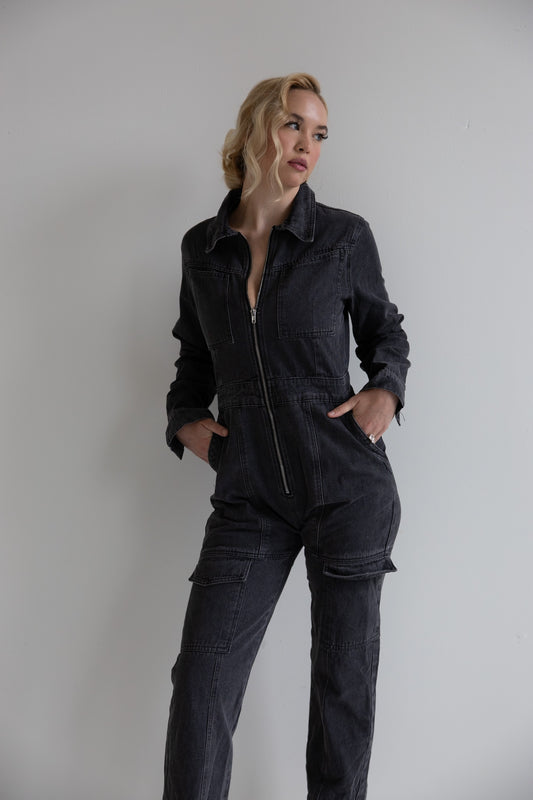 Charcoal Utility Denim Jumpsuit