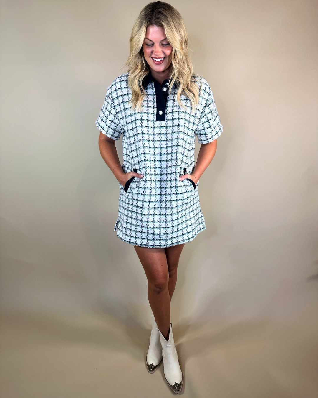 Navy Trim Tweed Polo Dress