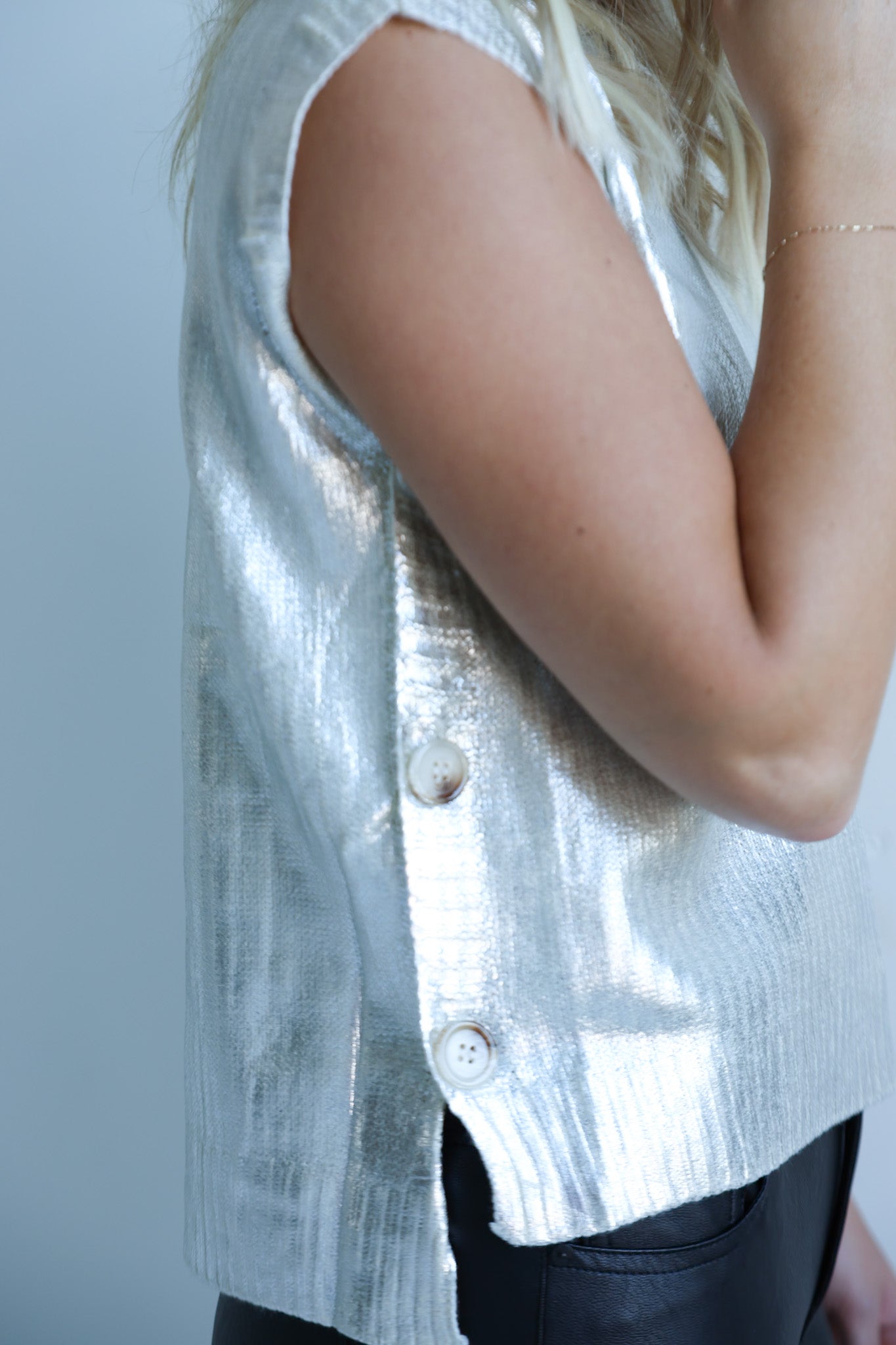 Metallic Button-Side Sleeveless Top