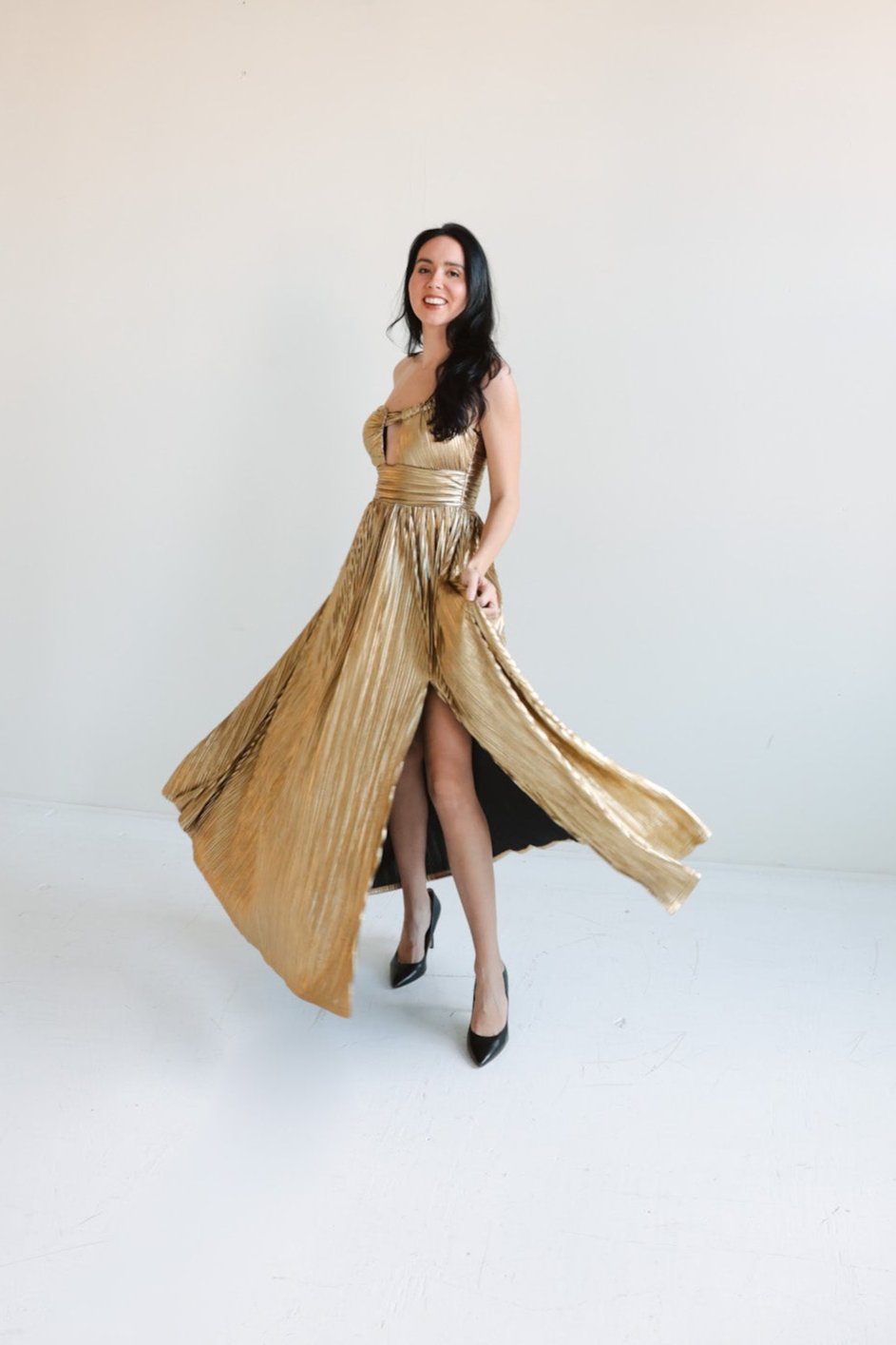 Metallic Gold Pleated Maxi Dress