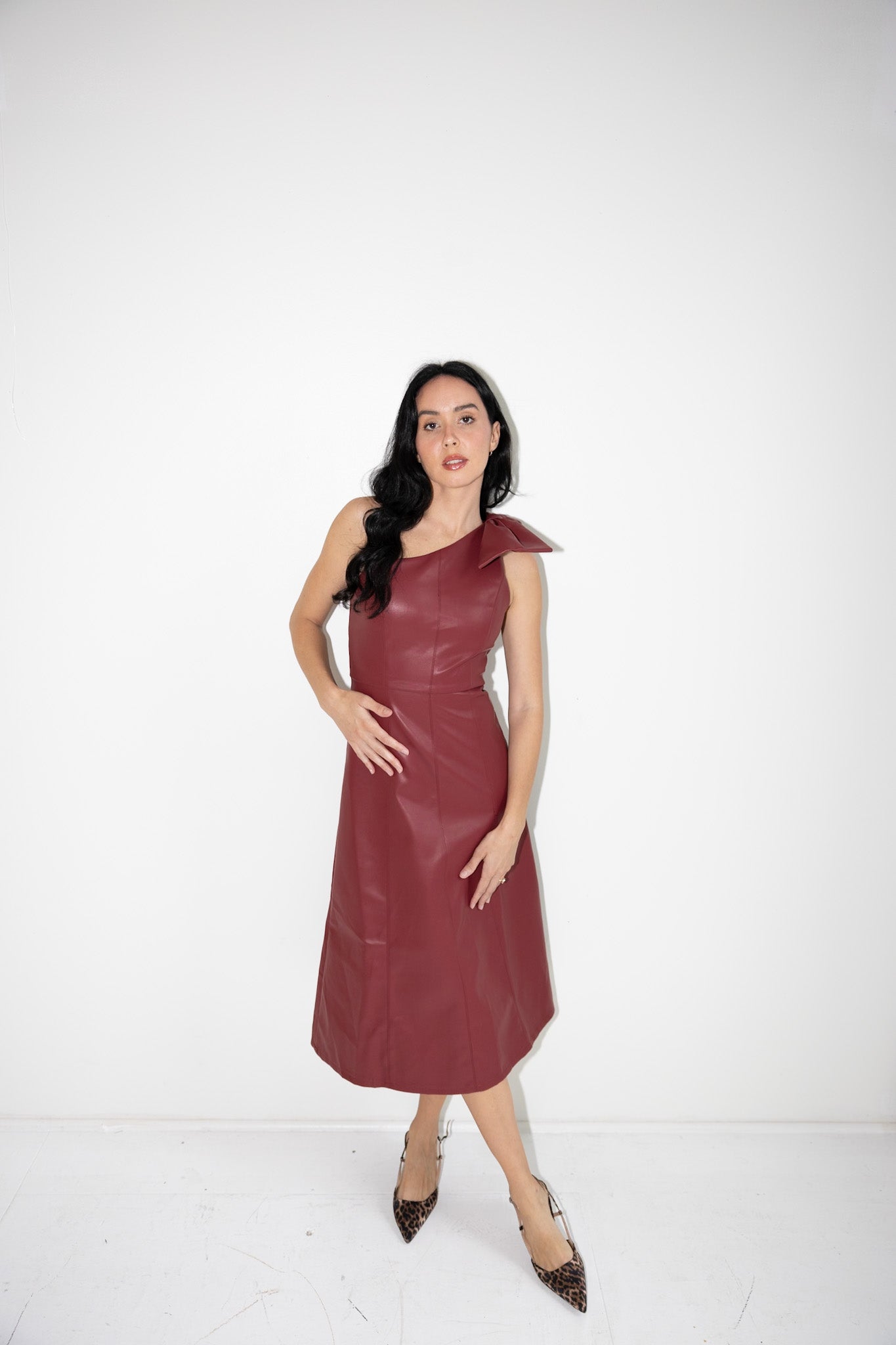 Asymmetrical Faux Leather Midi Dress