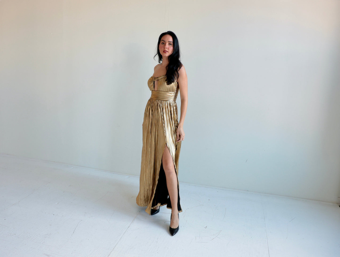 Metallic Gold Pleated Maxi Dress