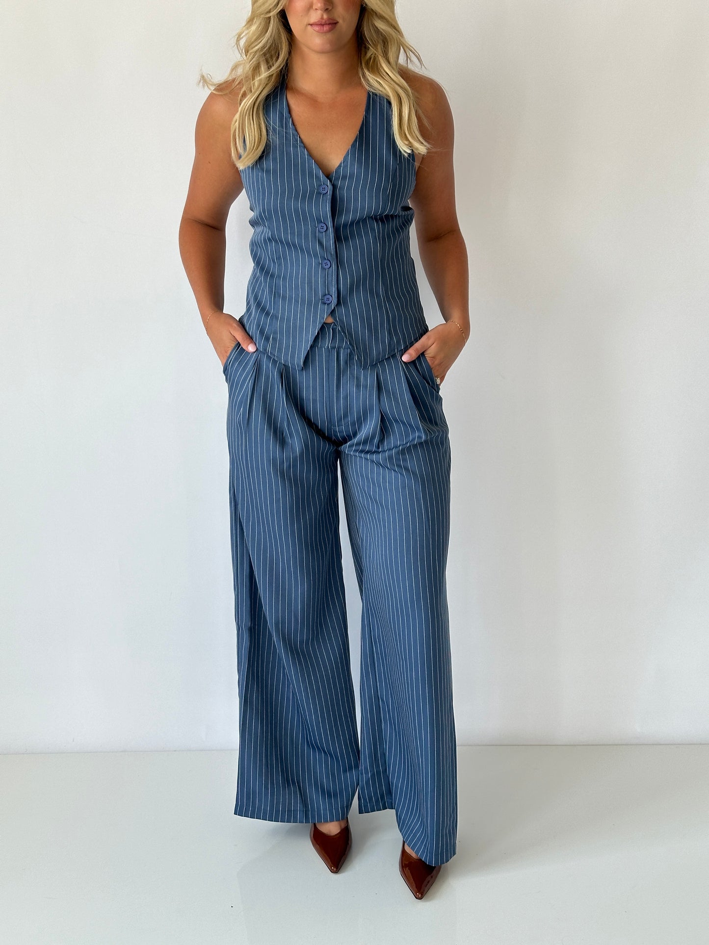 Wide-Leg Pinstripe Trousers