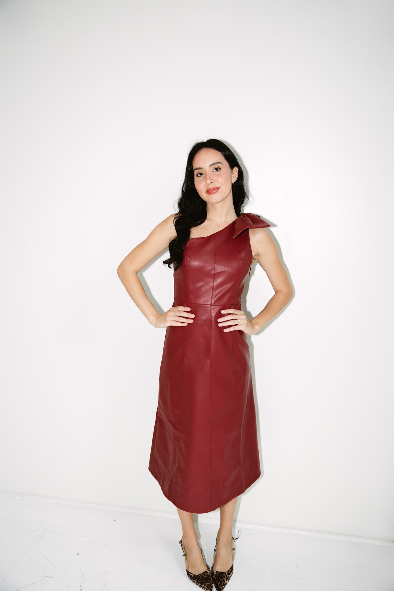 Asymmetrical Faux Leather Midi Dress