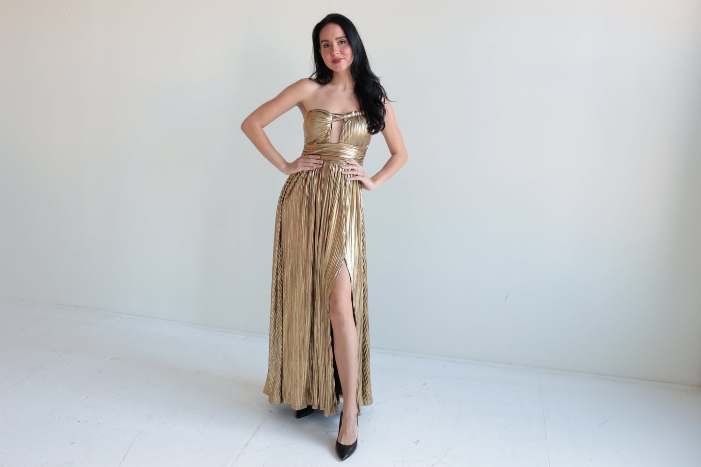 Metallic Gold Pleated Maxi Dress