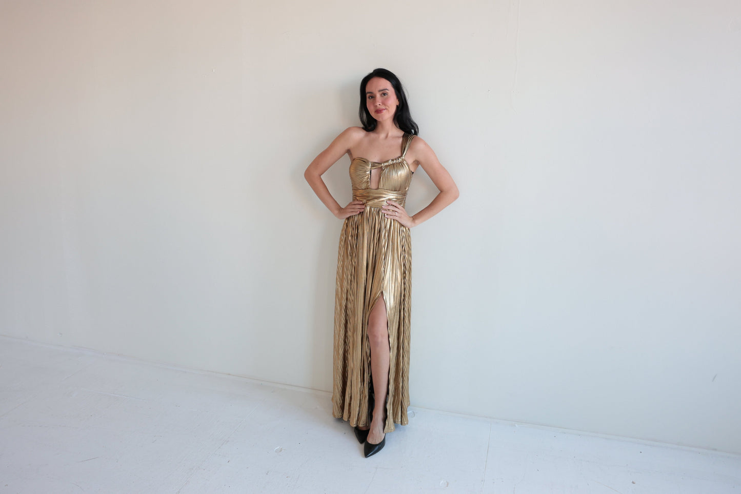 Metallic Gold Pleated Maxi Dress