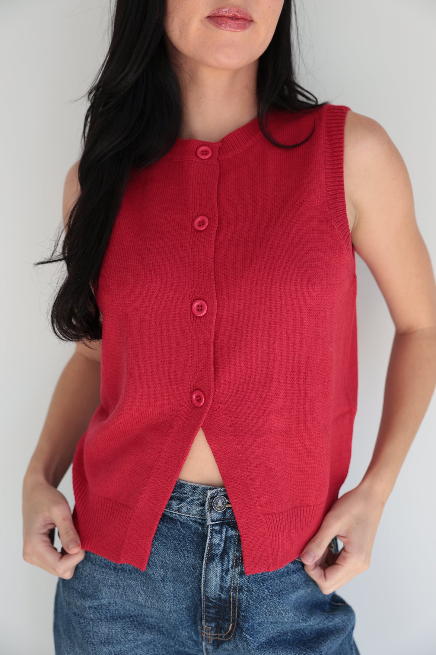 Classic Red Knit Button-Up Vest