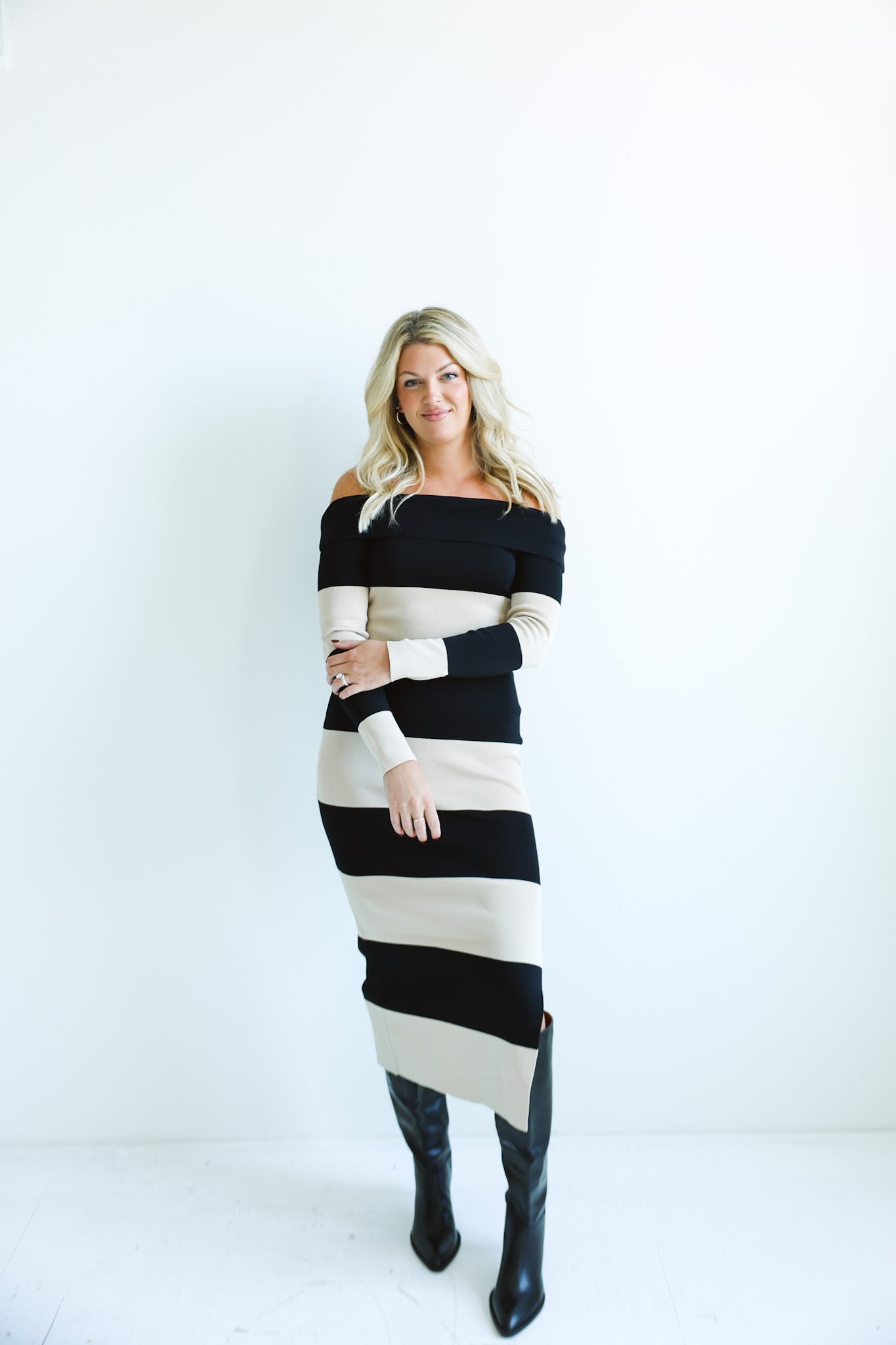 Bold Striped Off-Shoulder Midi Dress