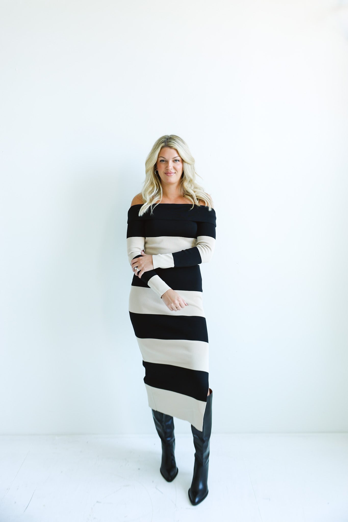 Bold Striped Off-Shoulder Midi Dress