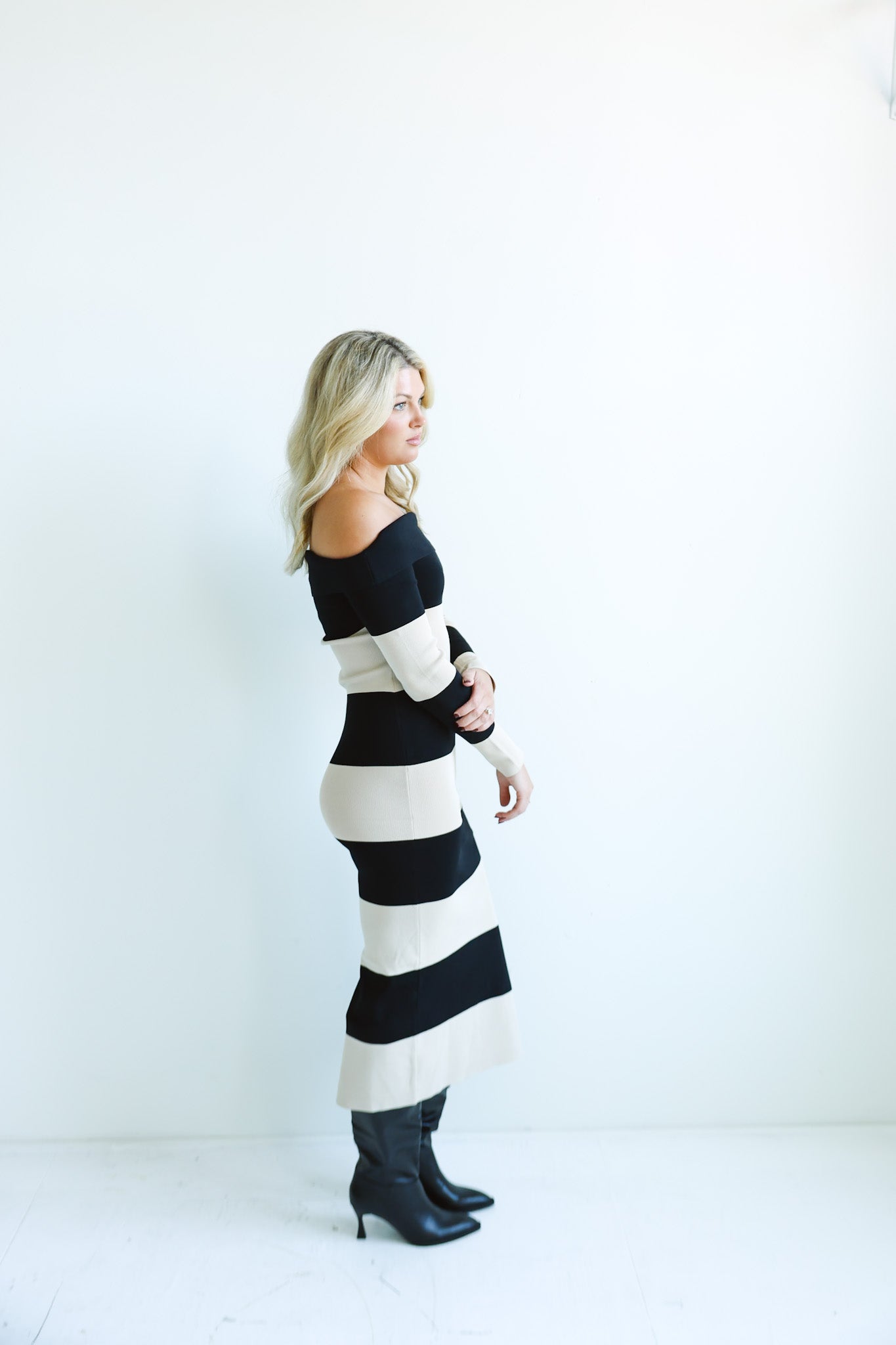 Bold Striped Off-Shoulder Midi Dress