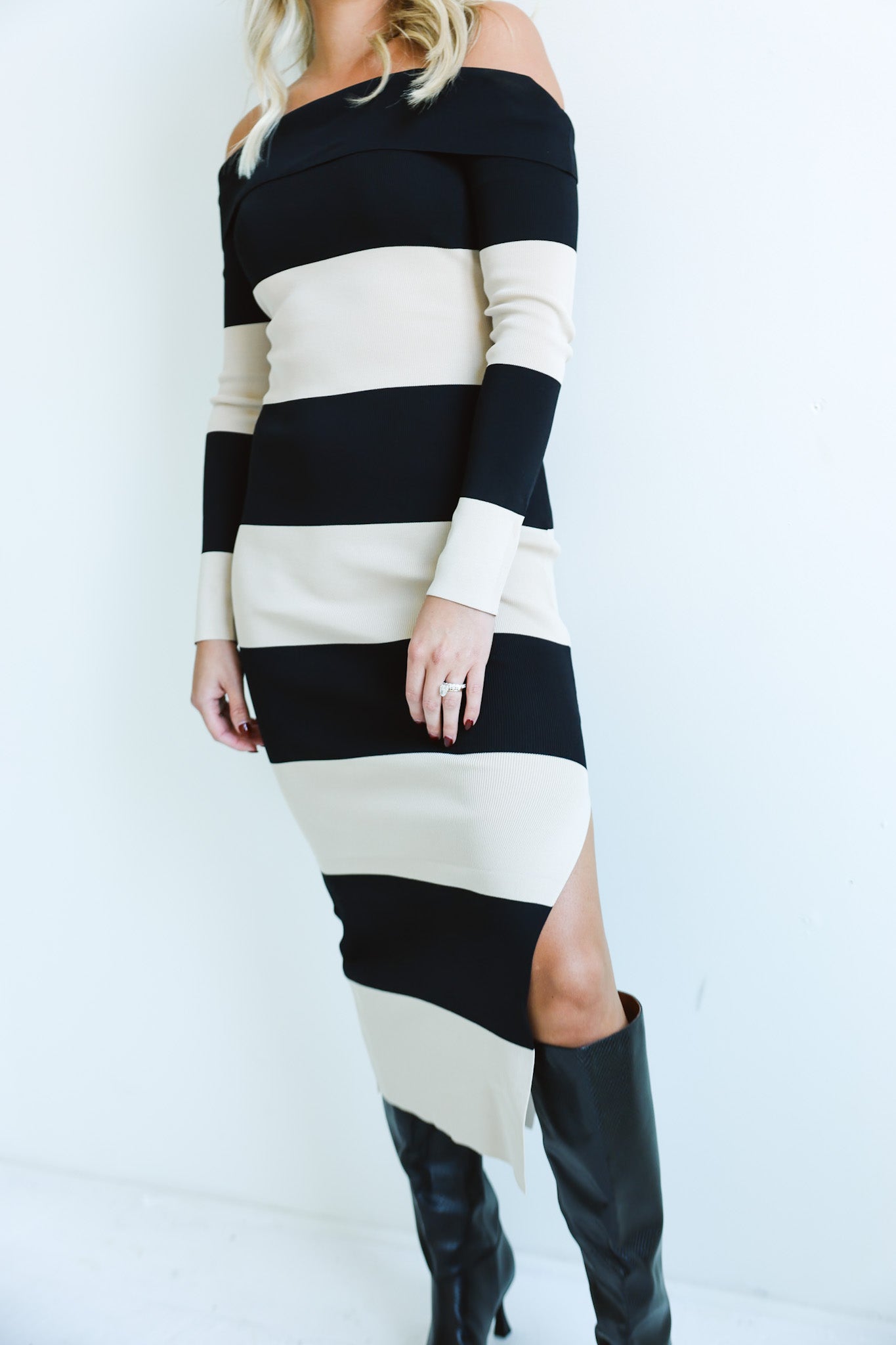 Bold Striped Off-Shoulder Midi Dress