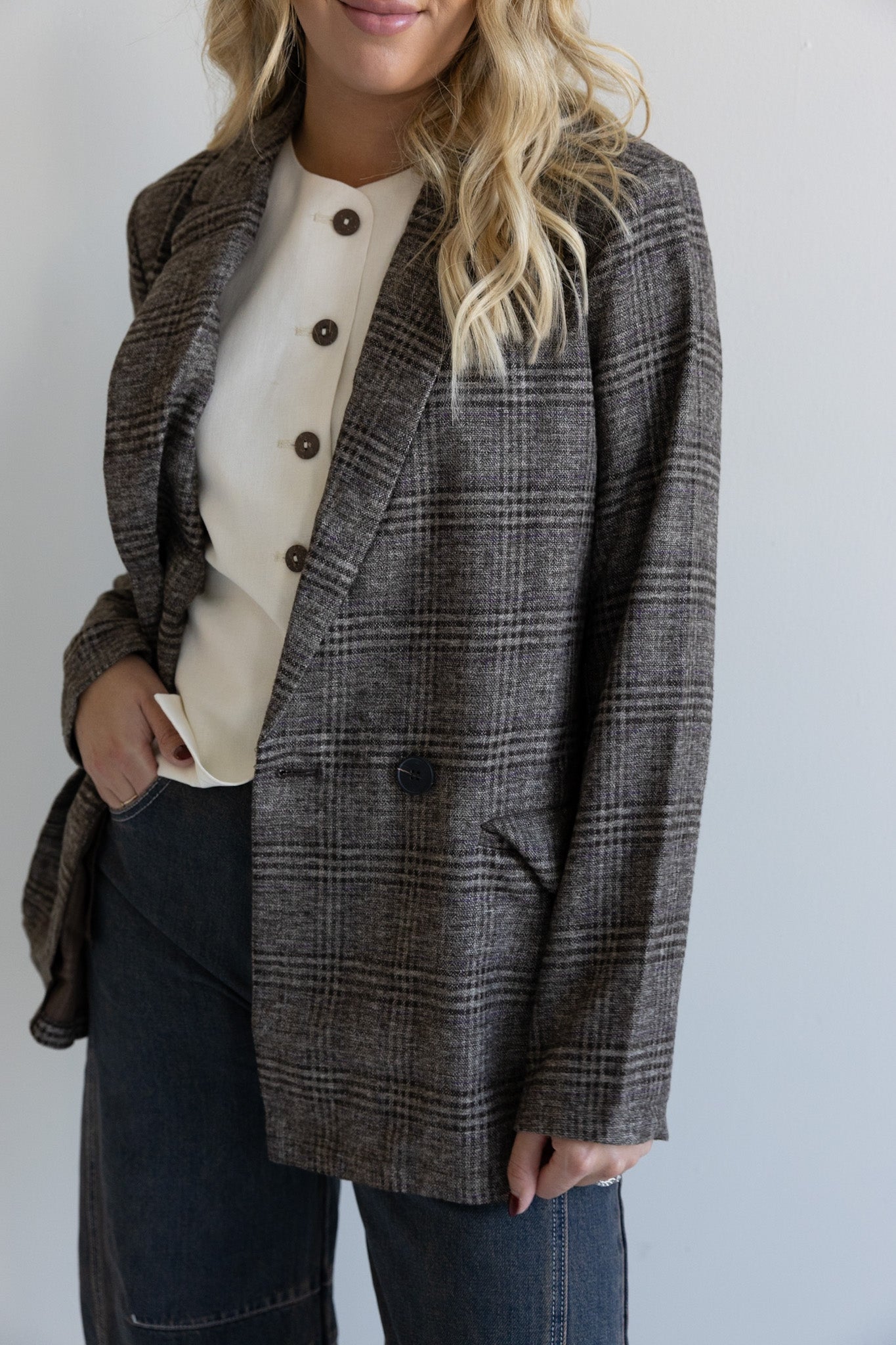 Brown Plaid Double-Breasted Blazer