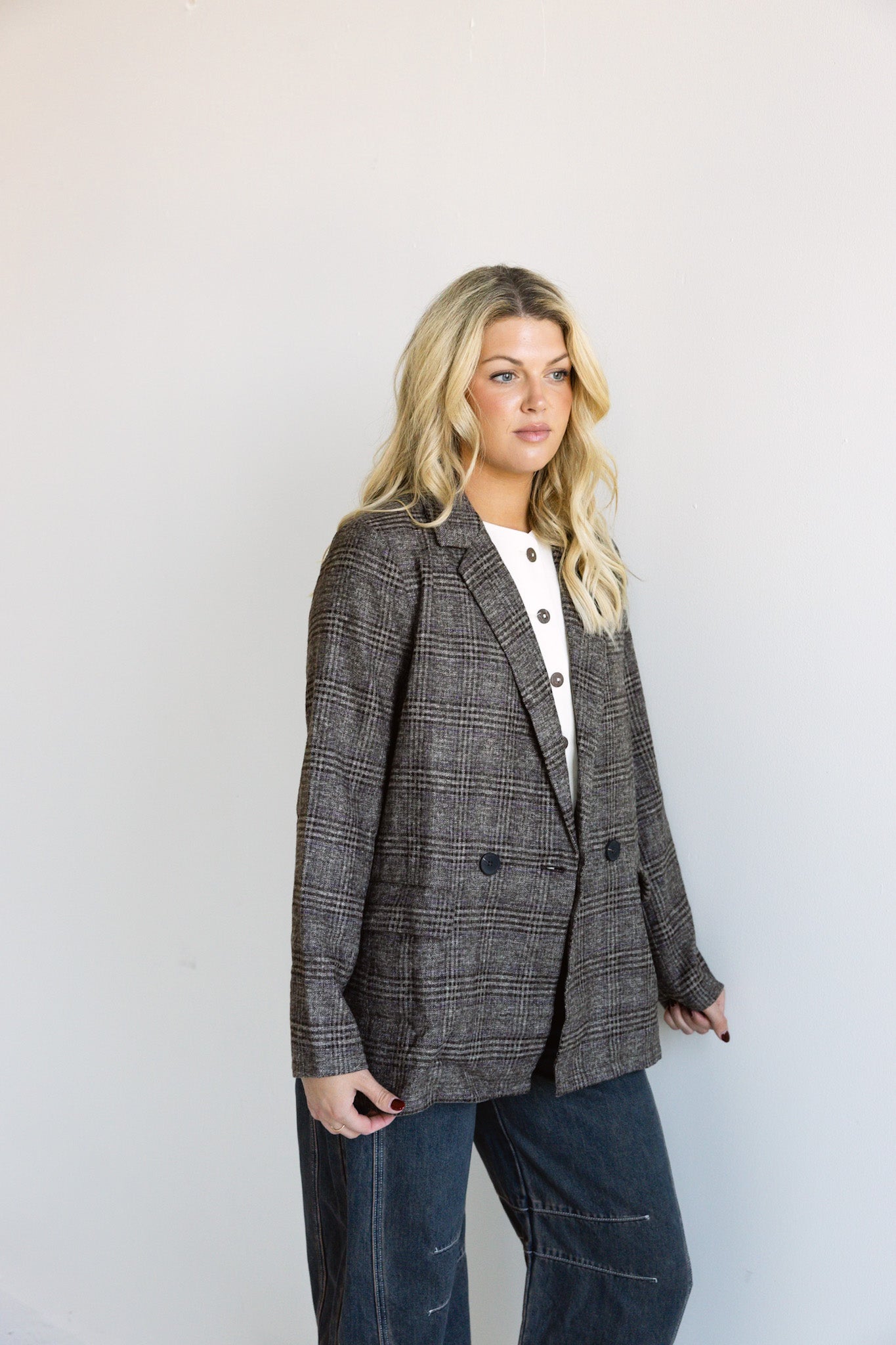 Brown Plaid Double-Breasted Blazer