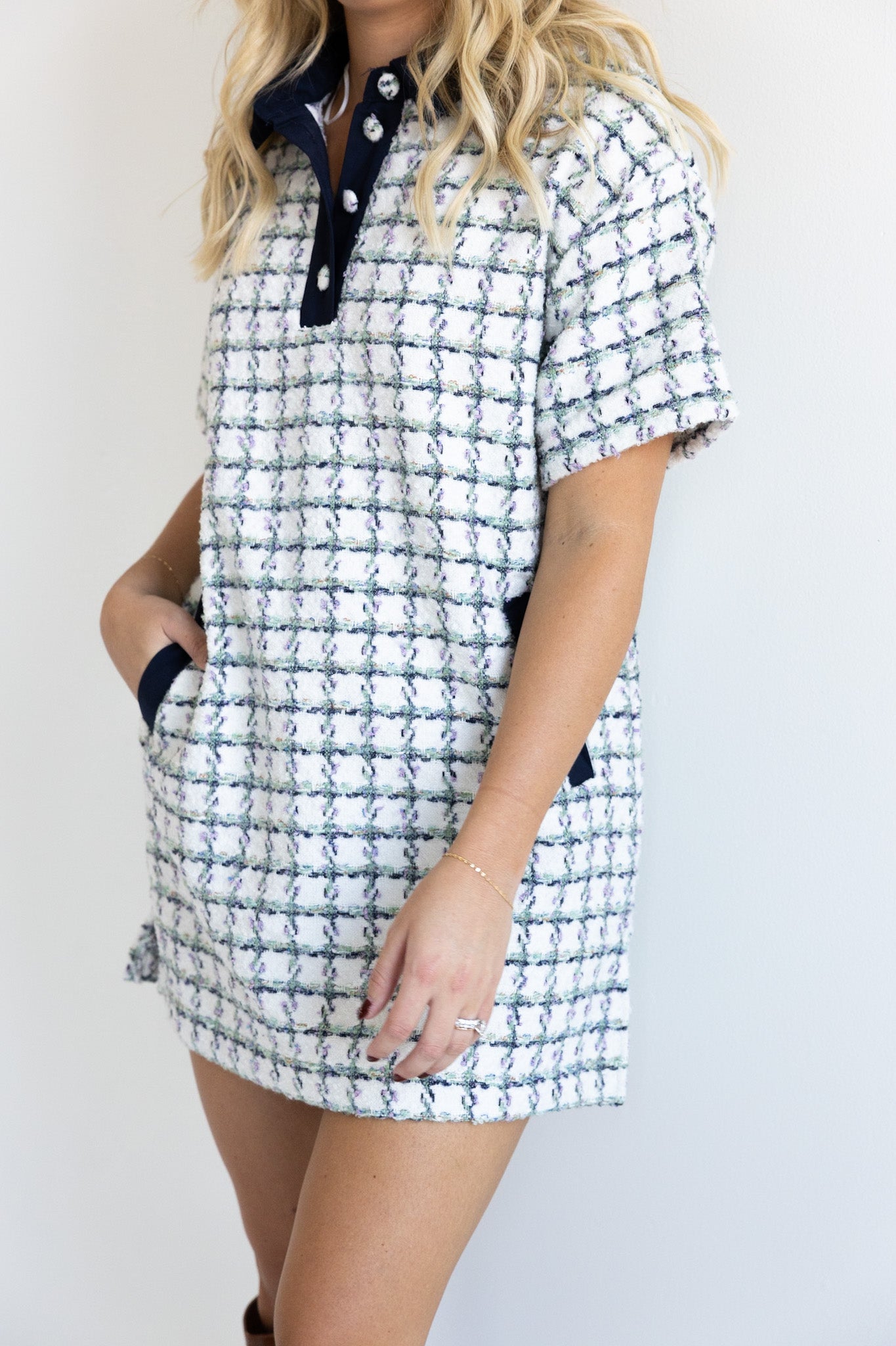 Navy Trim Tweed Polo Dress