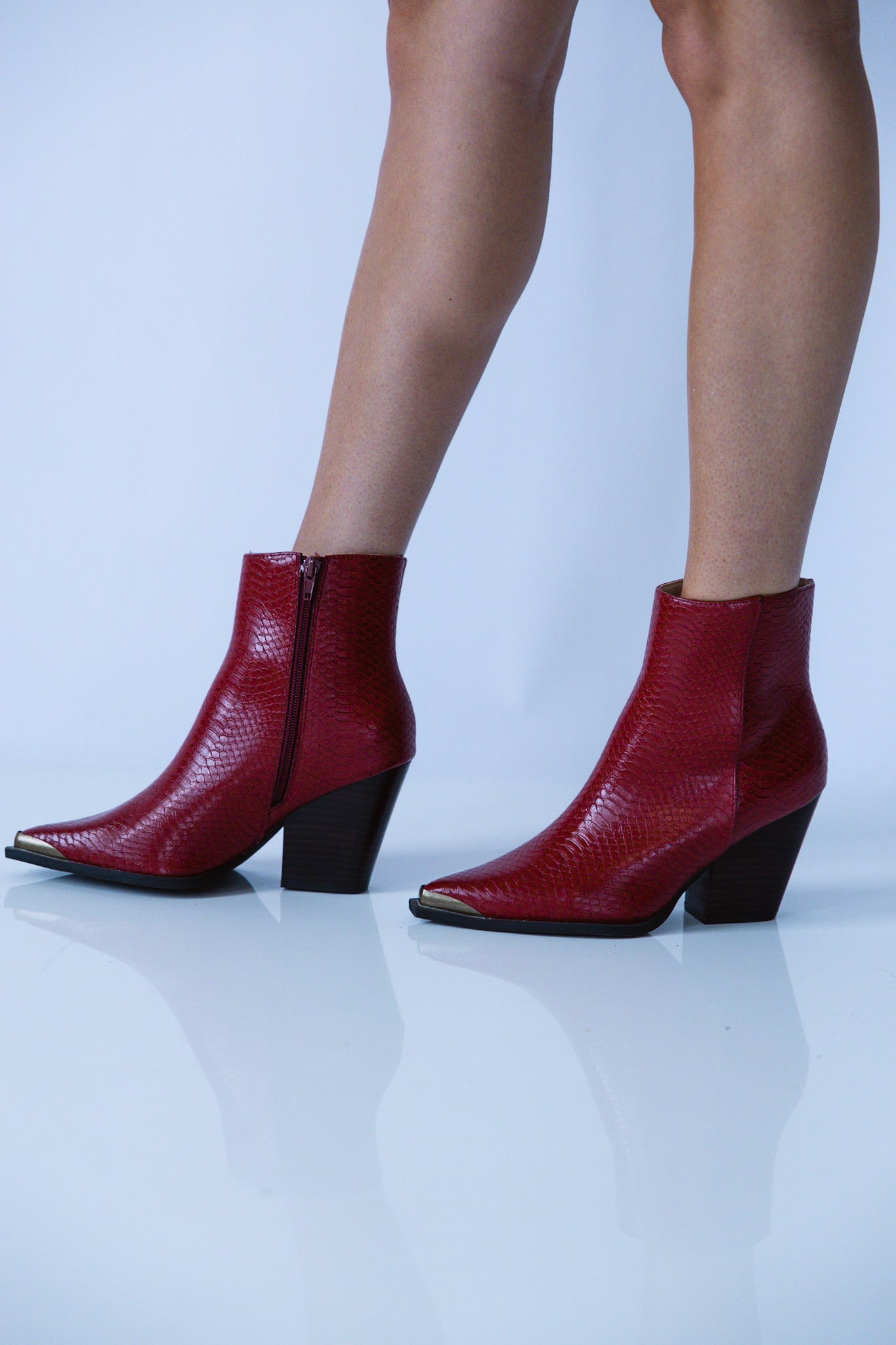 Red Textured Ankle Boots with Gold Toe