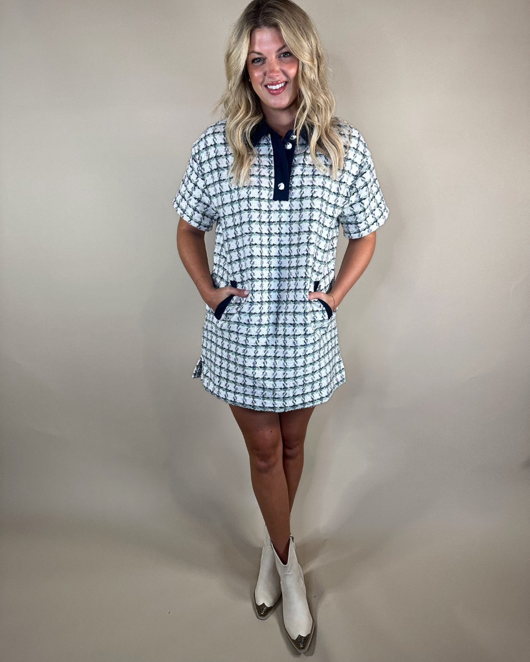 Navy Trim Tweed Polo Dress